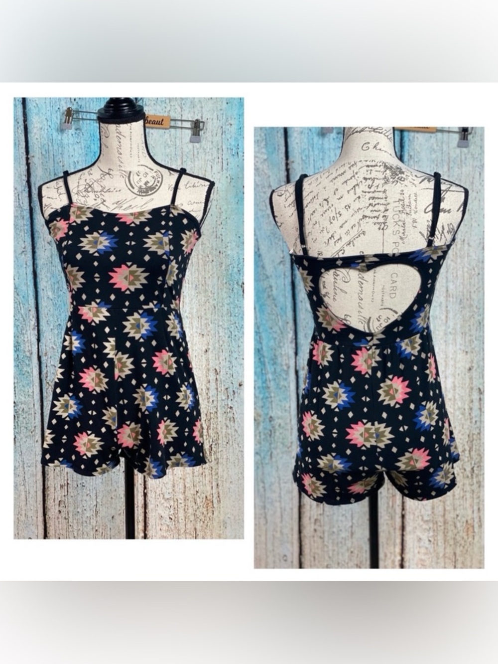Forever 21 Aztec Romper Heart Cutout Back Spaghetti Strap Boho Y2K Black Small
